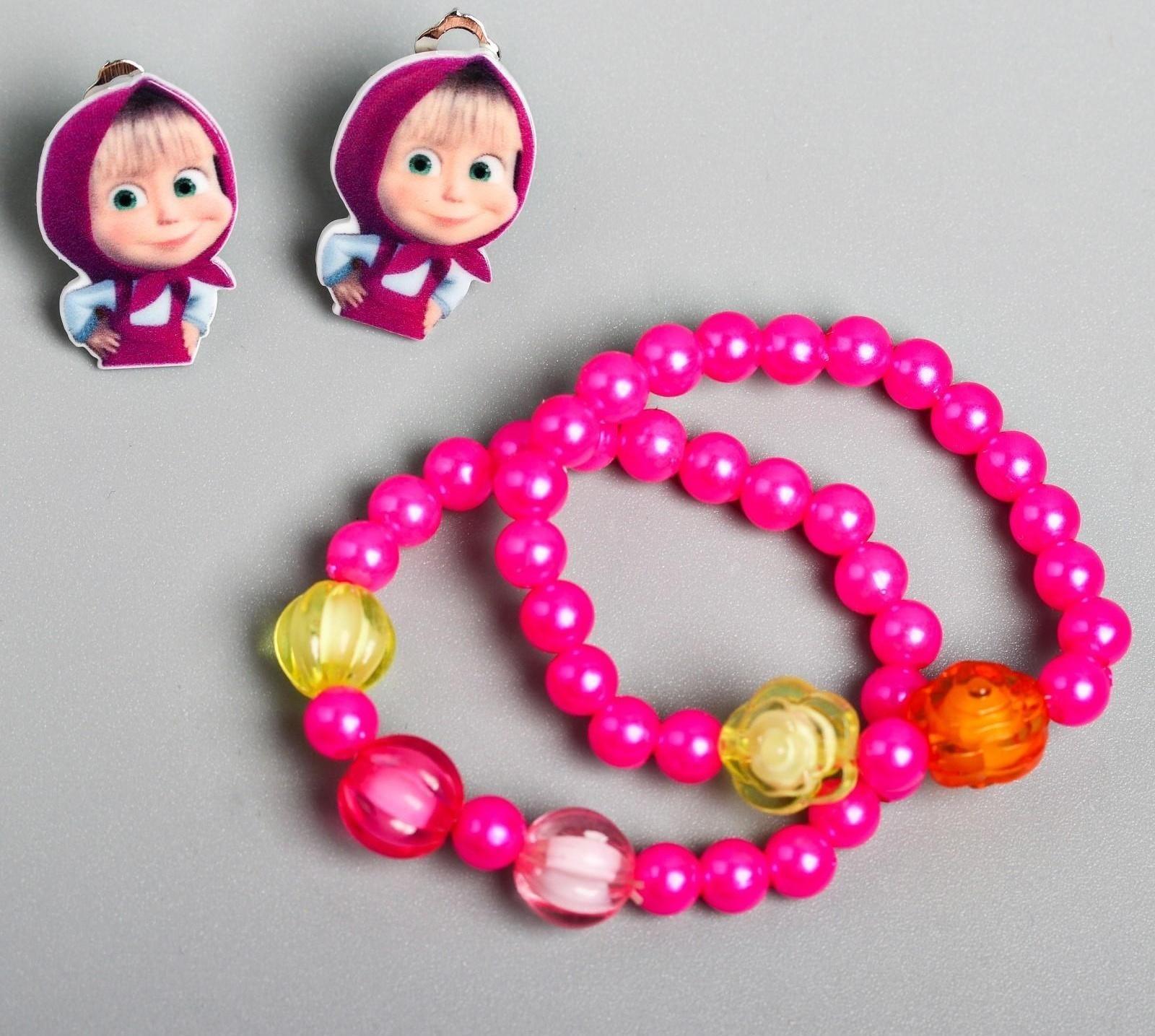 Набор бижутерии, Маша и Медведь, 2 браслета, клипсы, 7,5*11 см