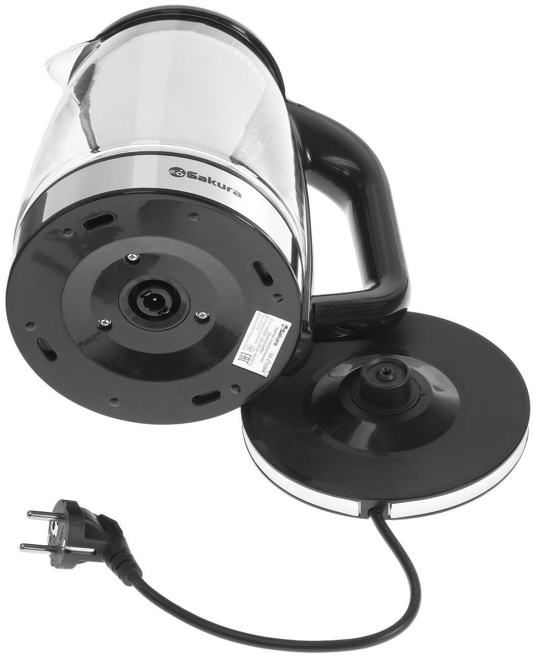 Чайник электрический Sakura SA-2722BK, стекло, 2.2 л, 1800 Вт, подсветка, серебристый