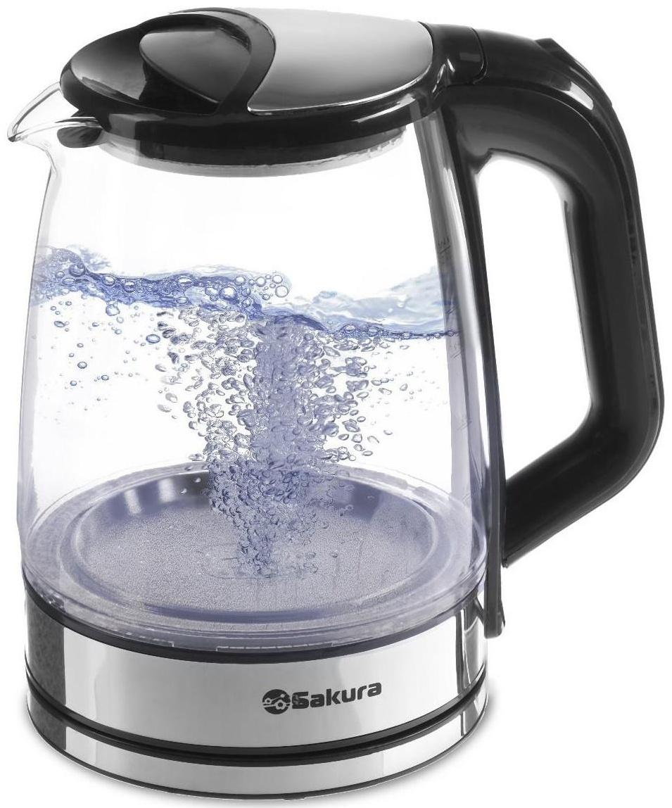 Чайник электрический Sakura SA-2722BK, стекло, 2.2 л, 1800 Вт, подсветка, серебристый