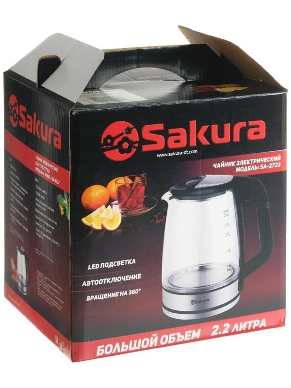 Чайник электрический Sakura SA-2722BK, стекло, 2.2 л, 1800 Вт, подсветка, серебристый