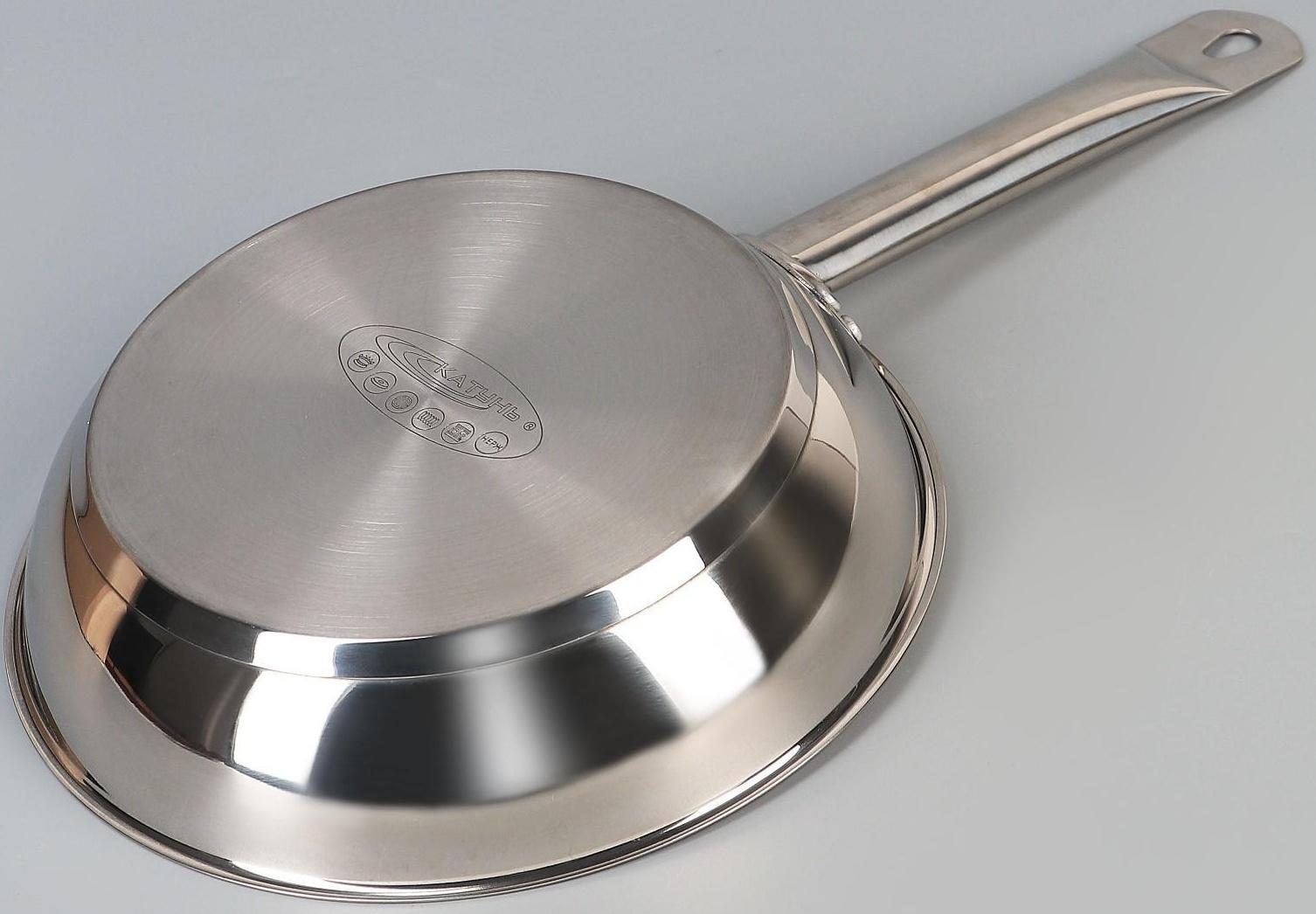 Сковорода «Общепит», d=24 см, корпус 0,6 мм, дно 3,5 мм, с теплораспределительным слоем, металлическая ручка, индукция, цвет хромированный