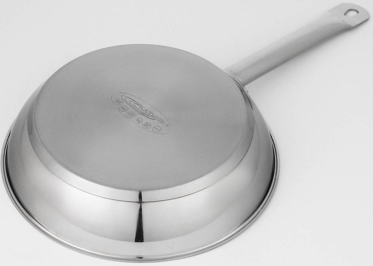 Сковорода «Общепит», d=26 см, корпус 0,6 мм, дно 3,5 мм, с теплораспределительным слоем, металлическая ручка, индукция, цвет хромированный