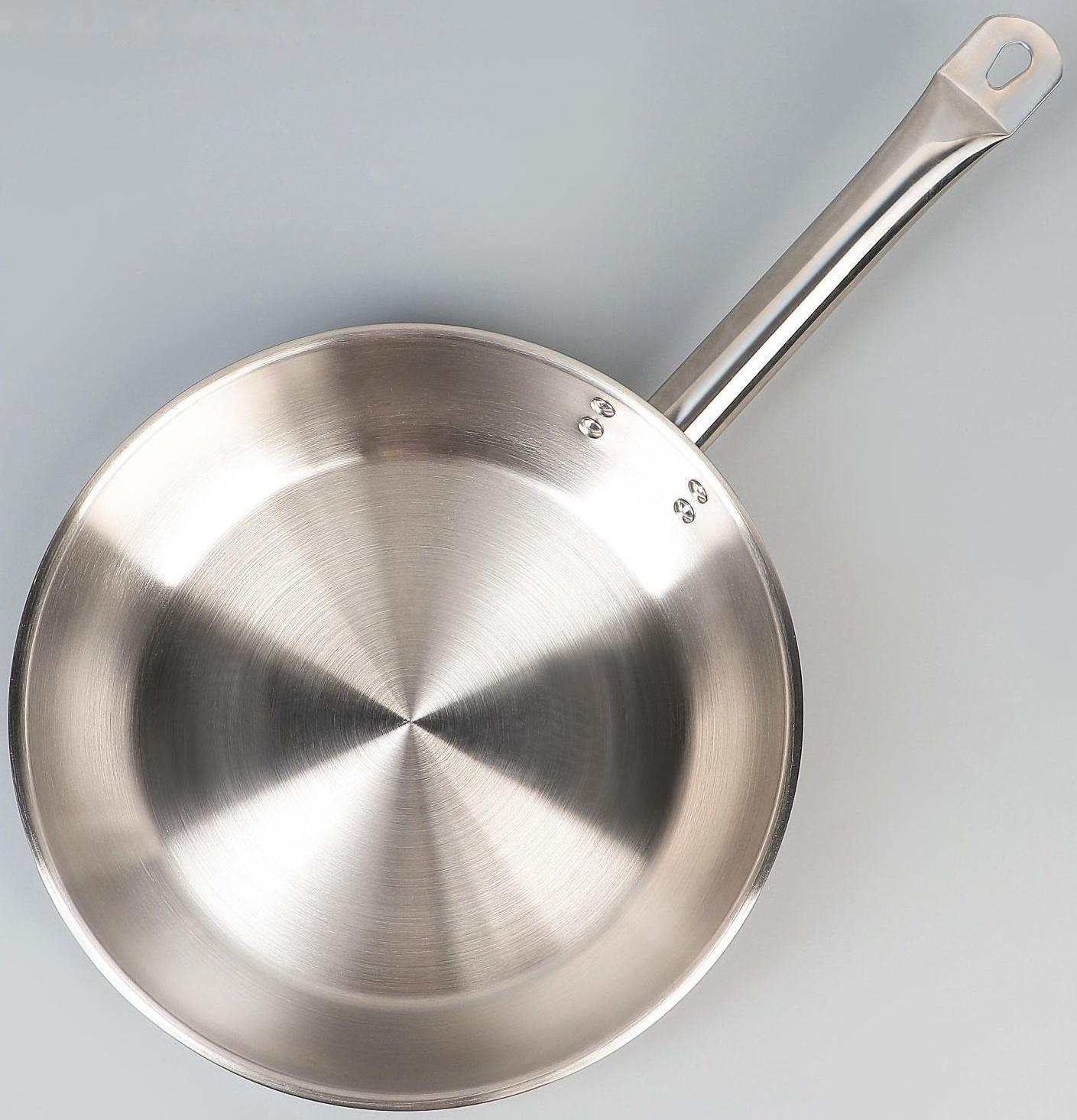 Сковорода «Общепит», d=28 см, корпус 0,6 мм, дно 3,5 мм, с теплораспределительным слоем, металлическая ручка, индукция, цвет хромированный