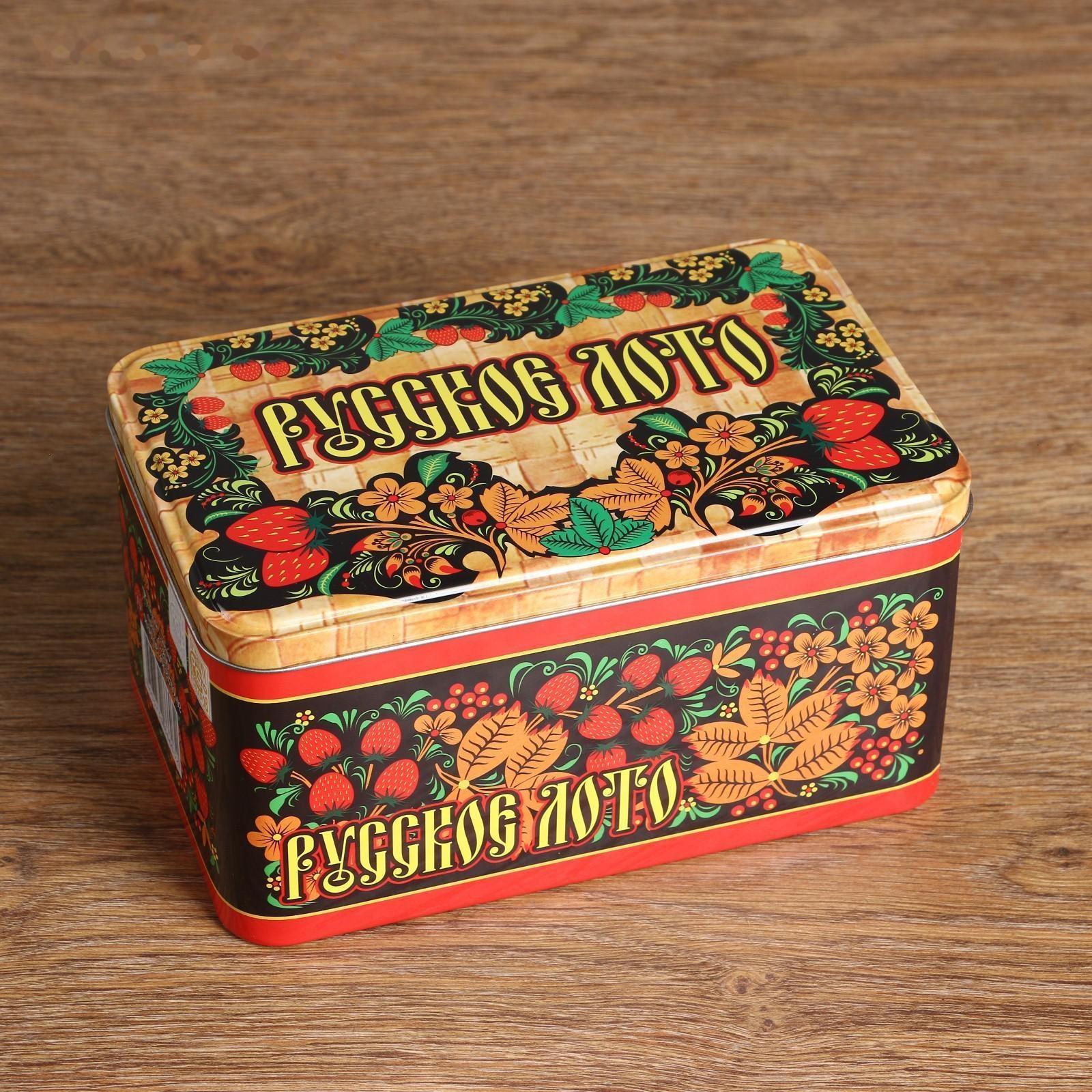 Русское лото, 24 карточки, карточка 22 х 8 см, бочонок 2.3 х 1.5 см, жестяная упаковка