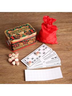 Русское лото, 24 карточки, карточка 22 х 8 см, бочонок 2.3 х 1.5 см, жестяная упаковка
