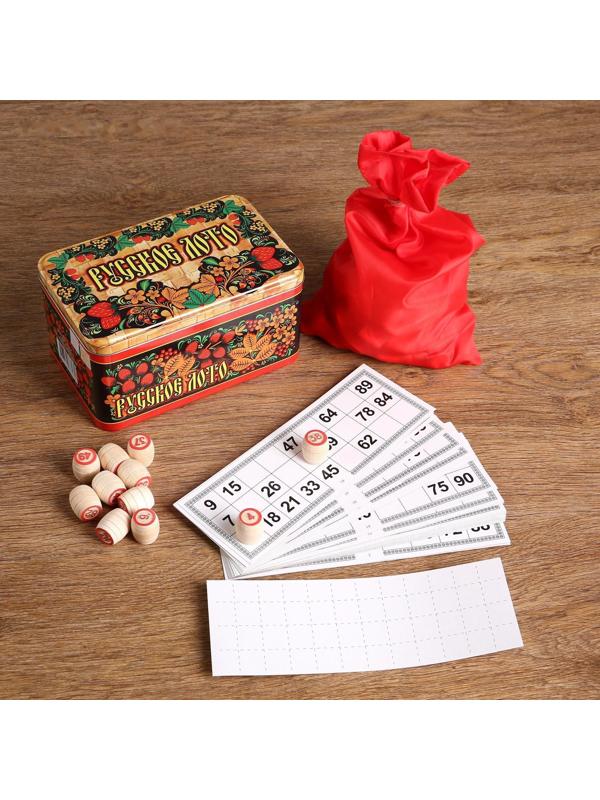 Русское лото, 24 карточки, карточка 22 х 8 см, бочонок 2.3 х 1.5 см, жестяная упаковка