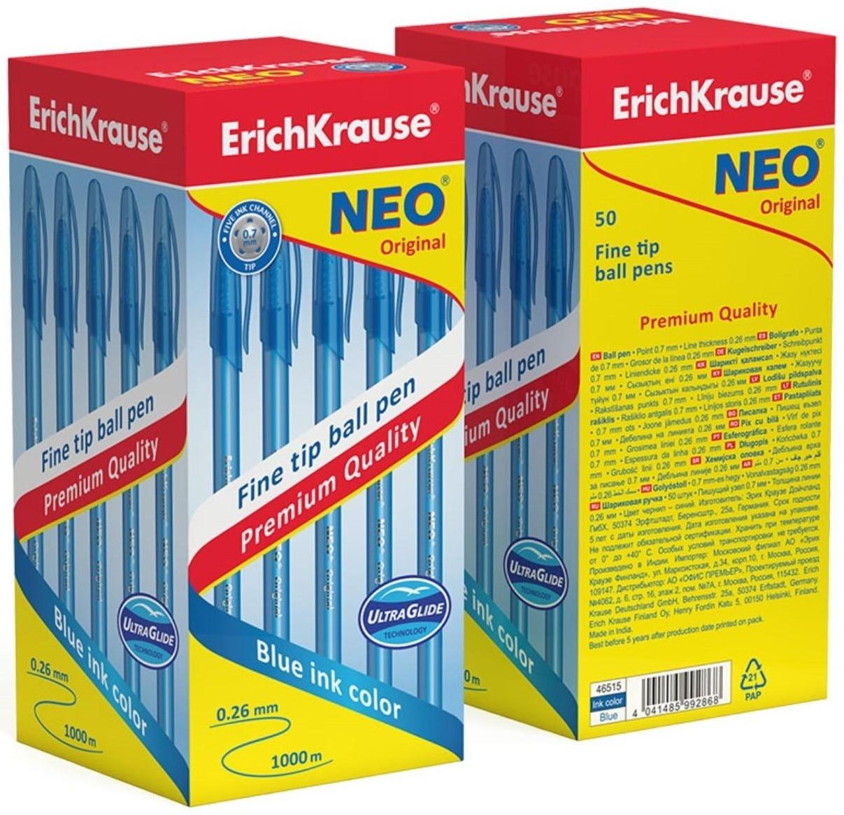 Ручка шариковая ErichKrause Neo Original, игольчатый узел 0,7 мм, чернила синие