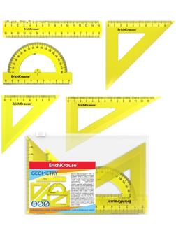 Набор геометрический малый ErichKrause Neon (угольник- 3 штуки, линейка - 15 см, транспортир), жёлтый