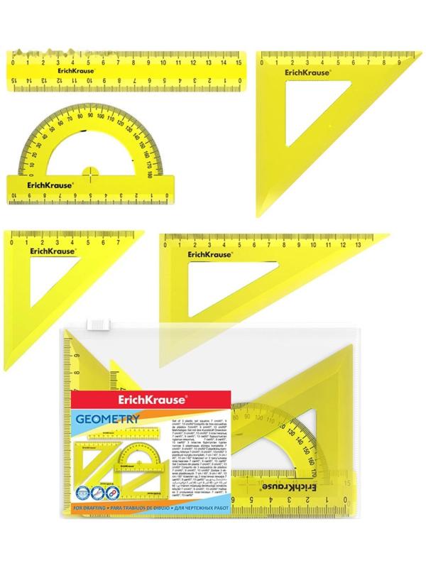 Набор геометрический малый ErichKrause Neon (угольник- 3 штуки, линейка - 15 см, транспортир), жёлтый