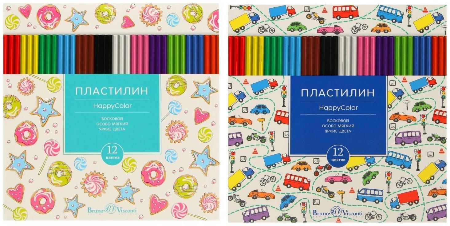 Пластилин мягкий (восковой) 12 цветов 250 г, Happycolor, микс из 4 видов