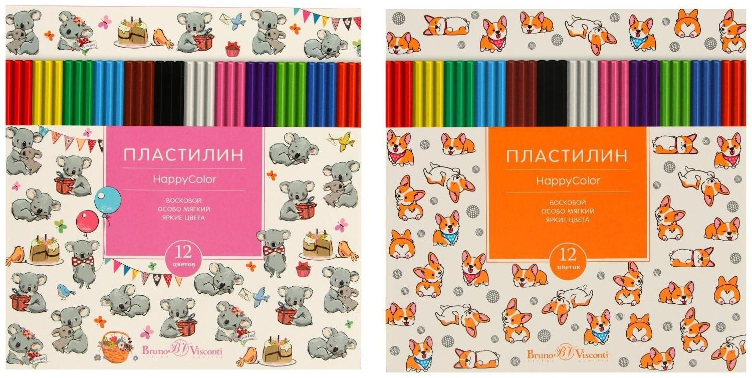 Пластилин мягкий (восковой) 12 цветов 250 г, Happycolor, микс из 4 видов