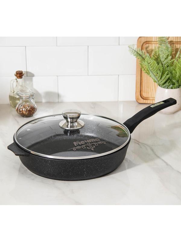 Сковорода «Гранит Star», d=30 см, пластиковая ручка, стеклянная крышка, антипригарное покрытие, цвет чёрный