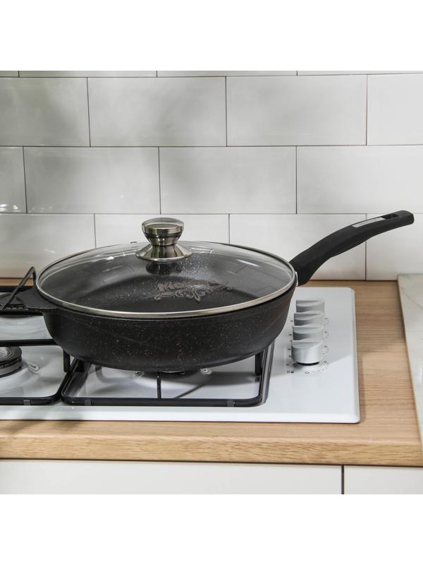 Сковорода «Гранит Star», d=30 см, пластиковая ручка, стеклянная крышка, антипригарное покрытие, цвет чёрный