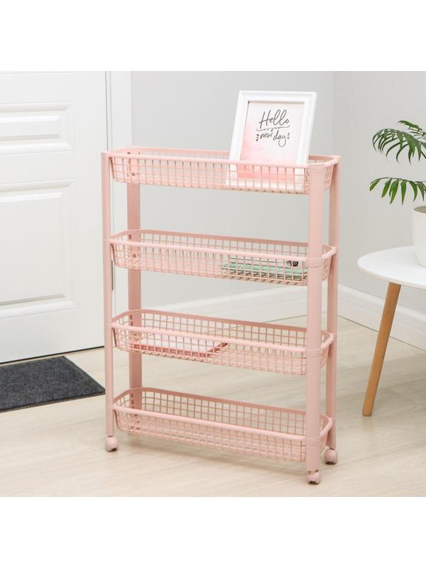 Полка напольная узкая 4-х секционная, на колёсиках, цвет чайная роза