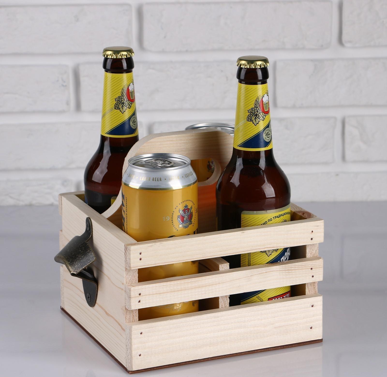 Ящик для пива 19×18×18.5 см  с открывашкой, под 4 бутылки, деревянный