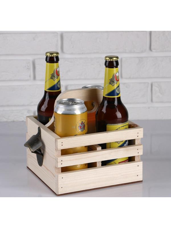 Ящик для пива 19×18×18.5 см  с открывашкой, под 4 бутылки, деревянный