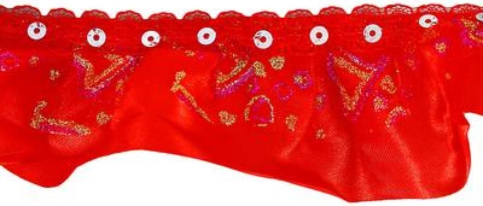 Тесьма, сетка с напылением на красном атласе, 5 см, в рулоне 10 м