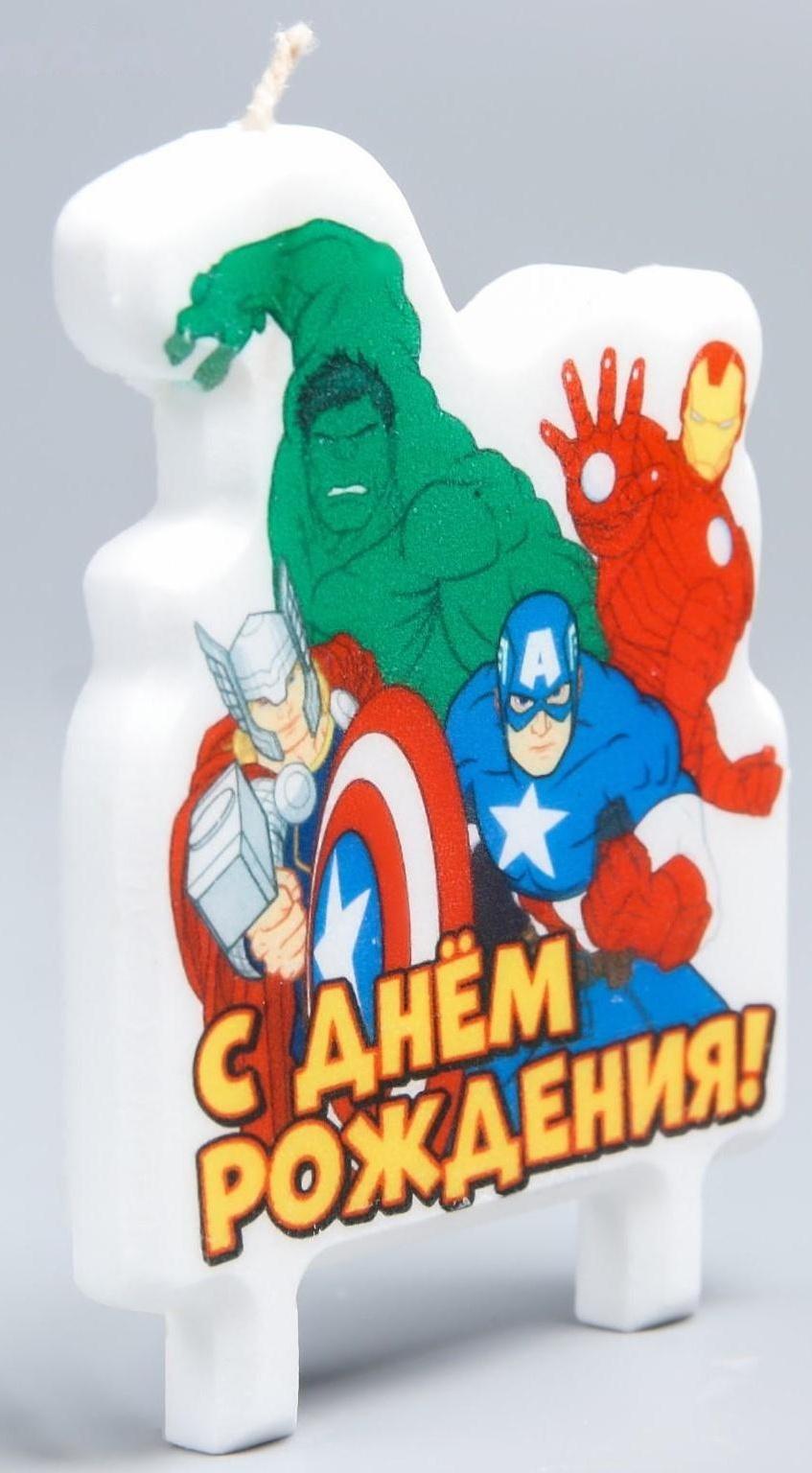 Свеча в торт «С Днём Рождения!», Мстители: Железный человек, Тор, Халк, Капитан Америка, 75 х 100 мм