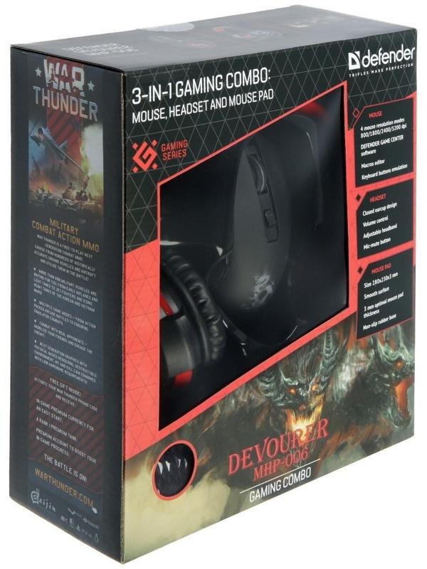 Игровой набор Defender Devourer MHP-006, мышь+гарнитура+ковер, проводной, 3200 dpi