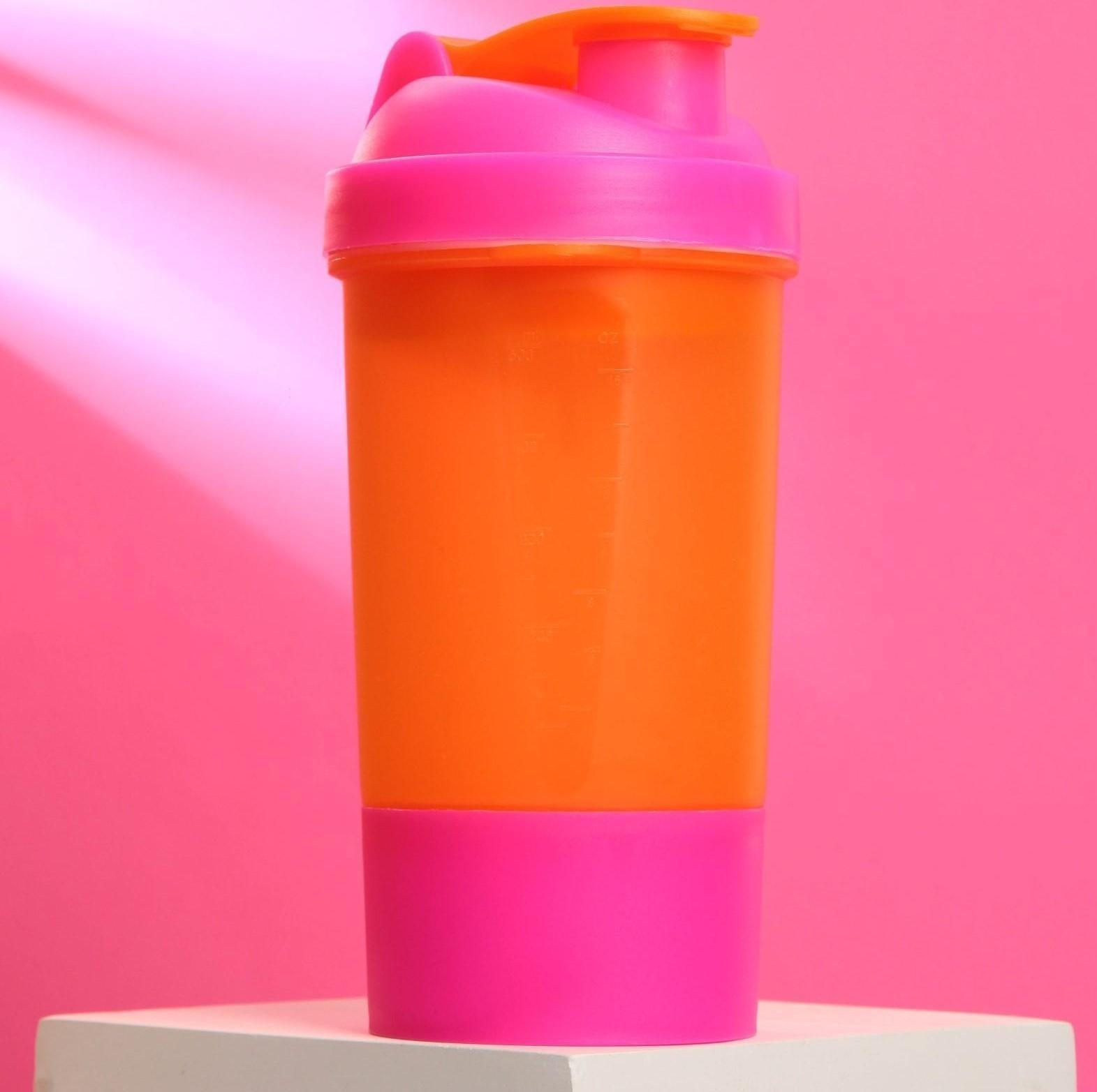Шейкер спортивный с чашей под протеин, орнанжево-розовый, 500 мл