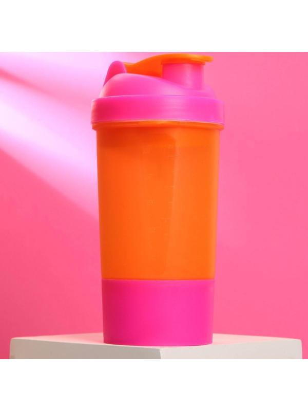 Шейкер спортивный с чашей под протеин, орнанжево-розовый, 500 мл
