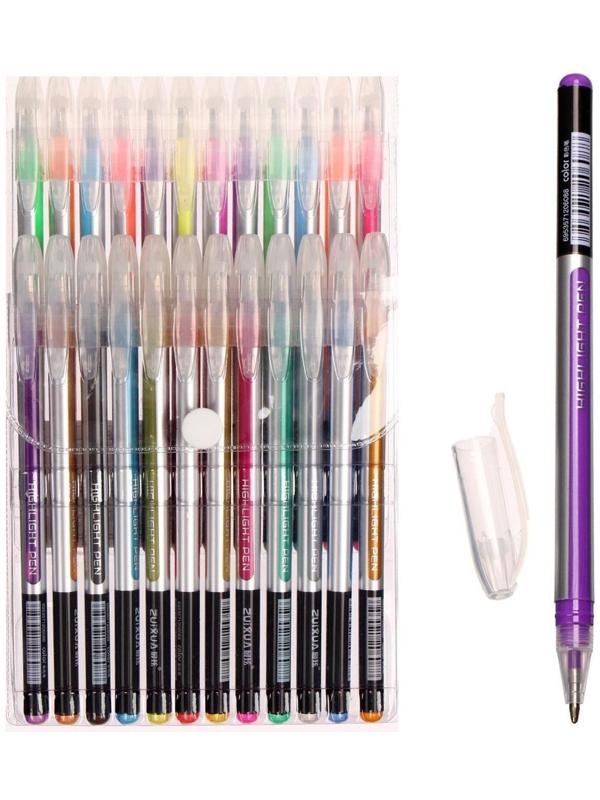 Набор гелевых ручек 24 цвета корпус серебро в полоску в цвет стержня, в блистере на кнопке