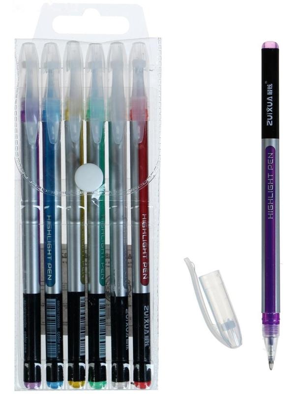 Набор гелевых ручек 6 цветов корпус серебро в полоску в цвет стержня, в блистере на кнопке