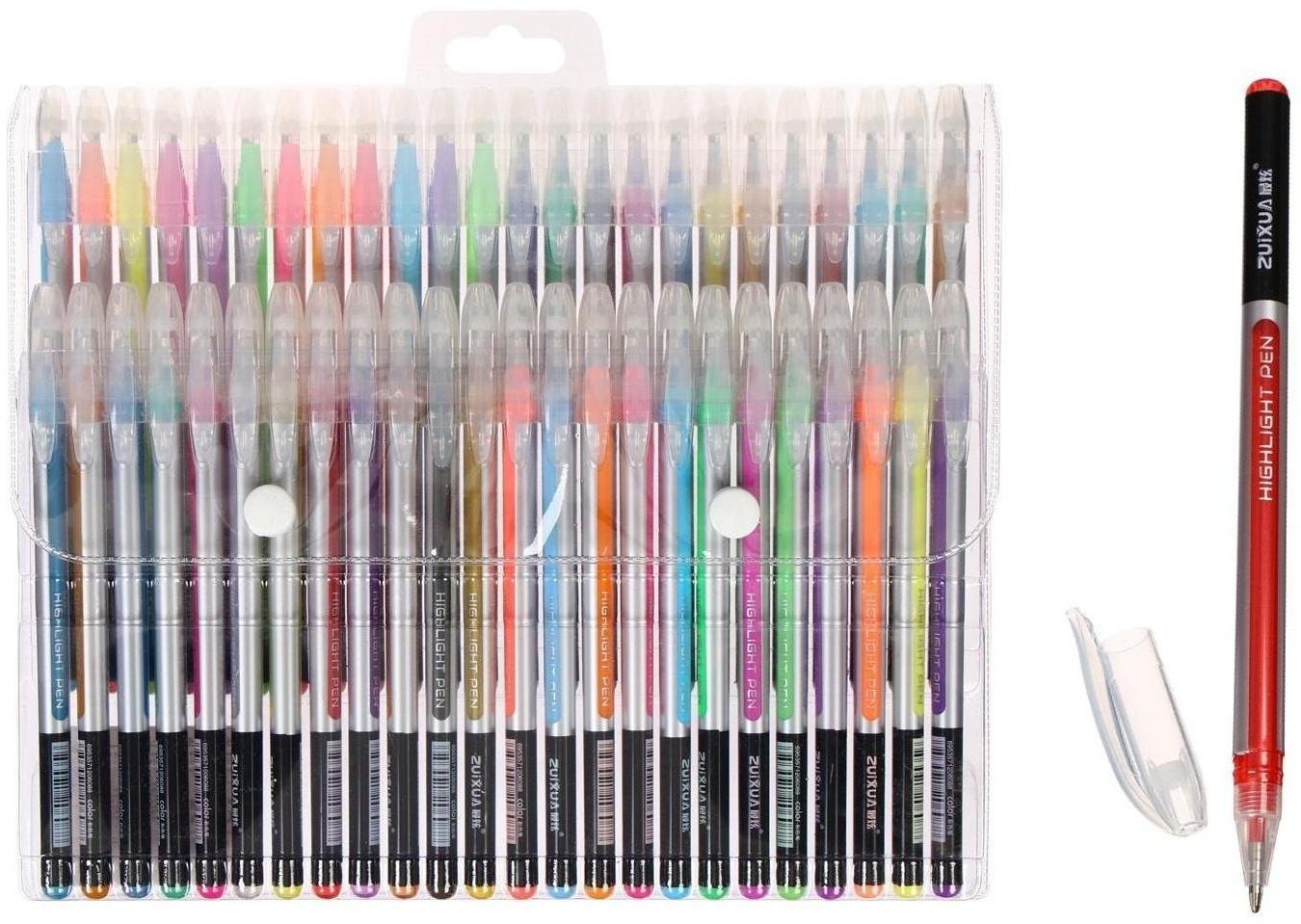 Набор гелевых ручек 48 цветов корпус серебро в полоску в цвет стержня, в блистере на кнопке