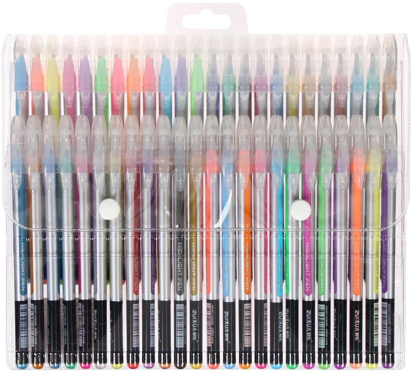 Набор гелевых ручек 48 цветов корпус серебро в полоску в цвет стержня, в блистере на кнопке
