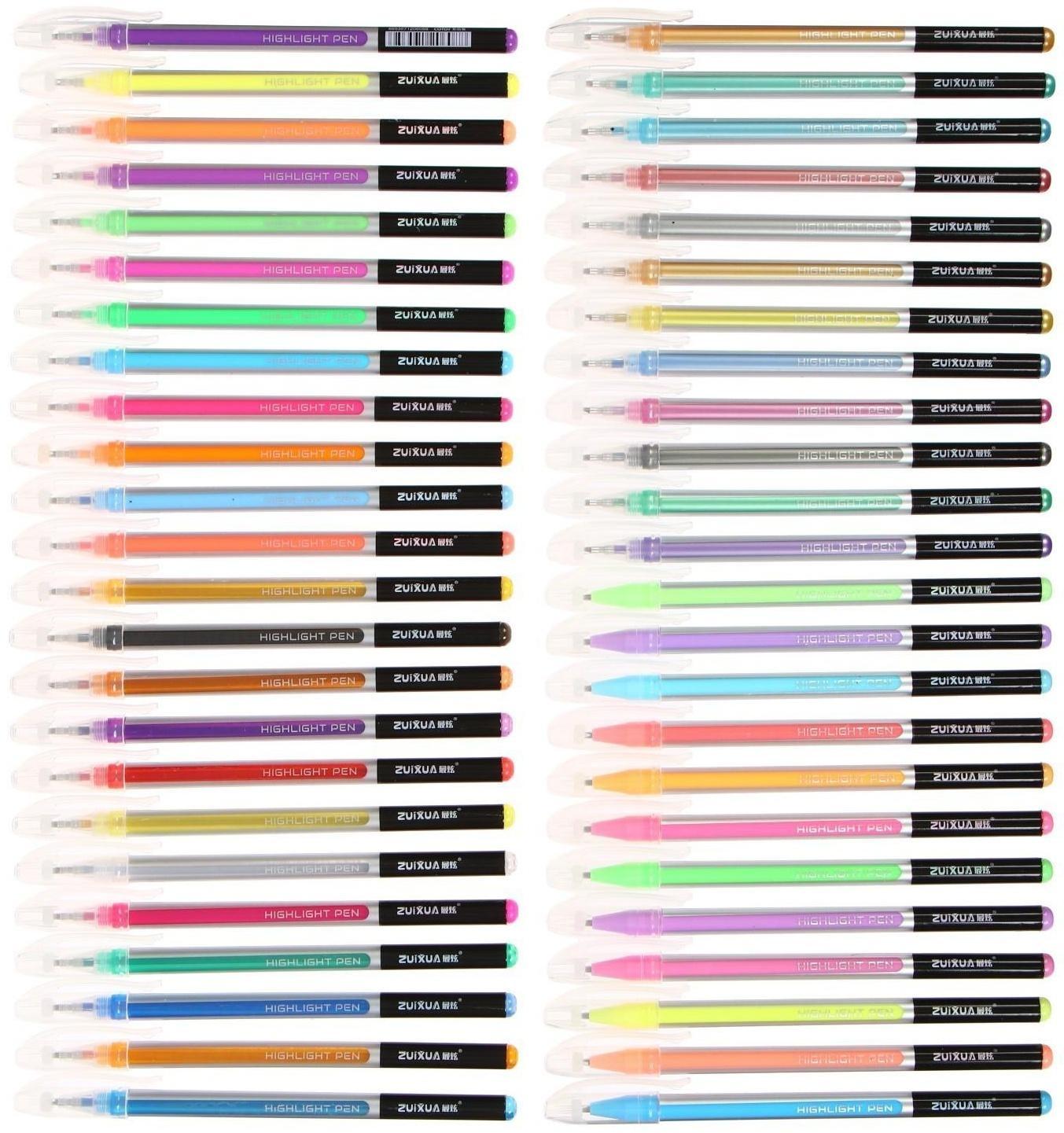 Набор гелевых ручек 48 цветов корпус серебро в полоску в цвет стержня, в блистере на кнопке