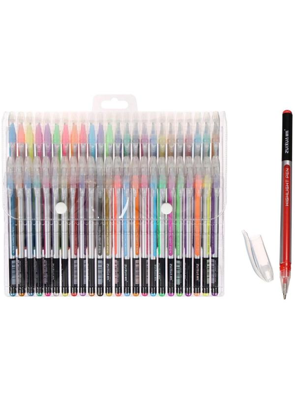 Набор гелевых ручек 48 цветов корпус серебро в полоску в цвет стержня, в блистере на кнопке