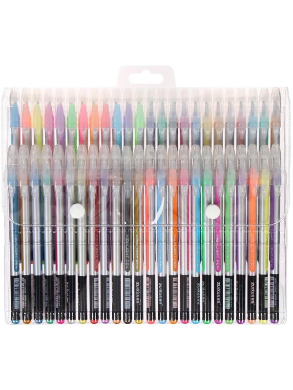 Набор гелевых ручек 48 цветов корпус серебро в полоску в цвет стержня, в блистере на кнопке