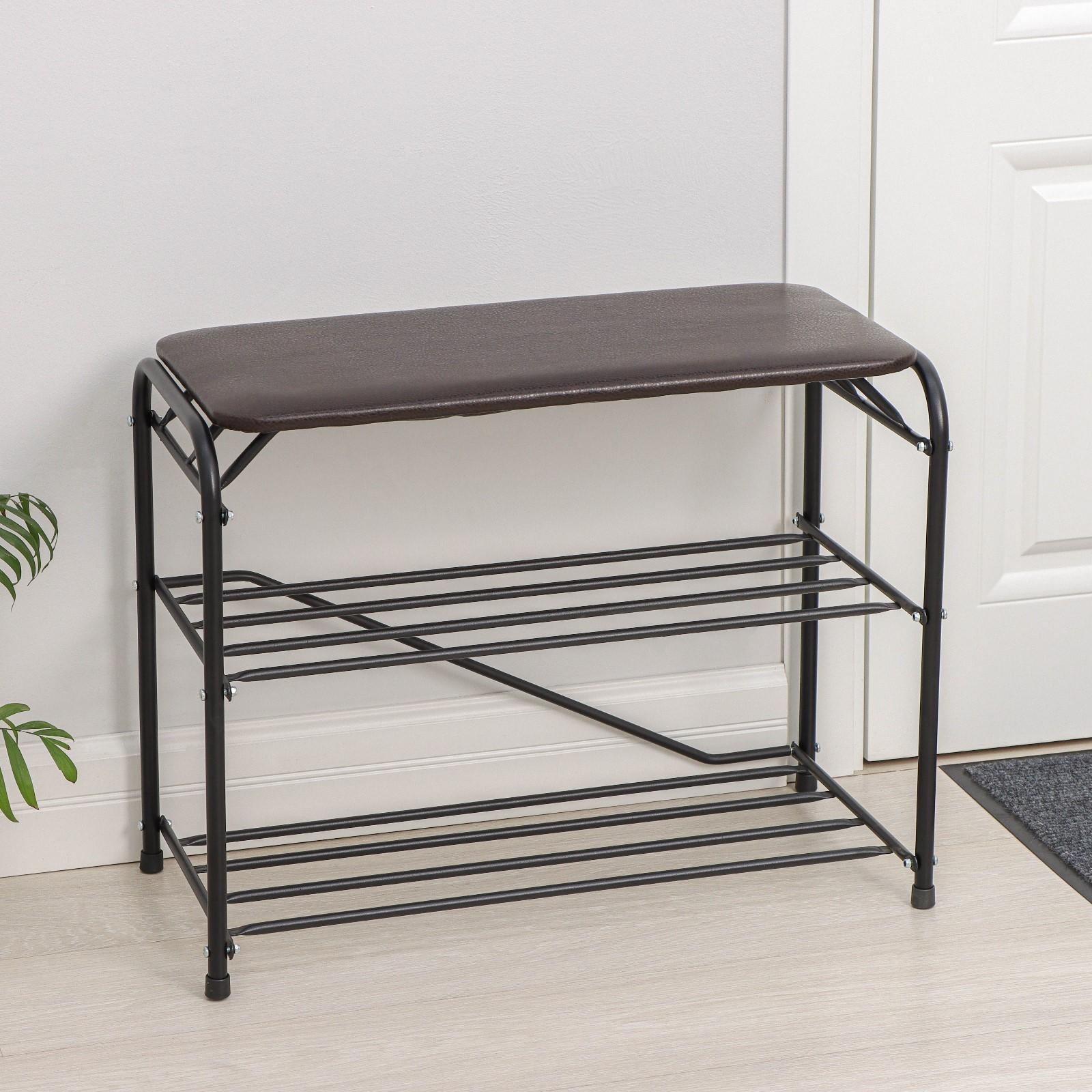 Подставка для обуви с сиденьем, 3 яруса, 65×32×48,5 см, цвет коричневый