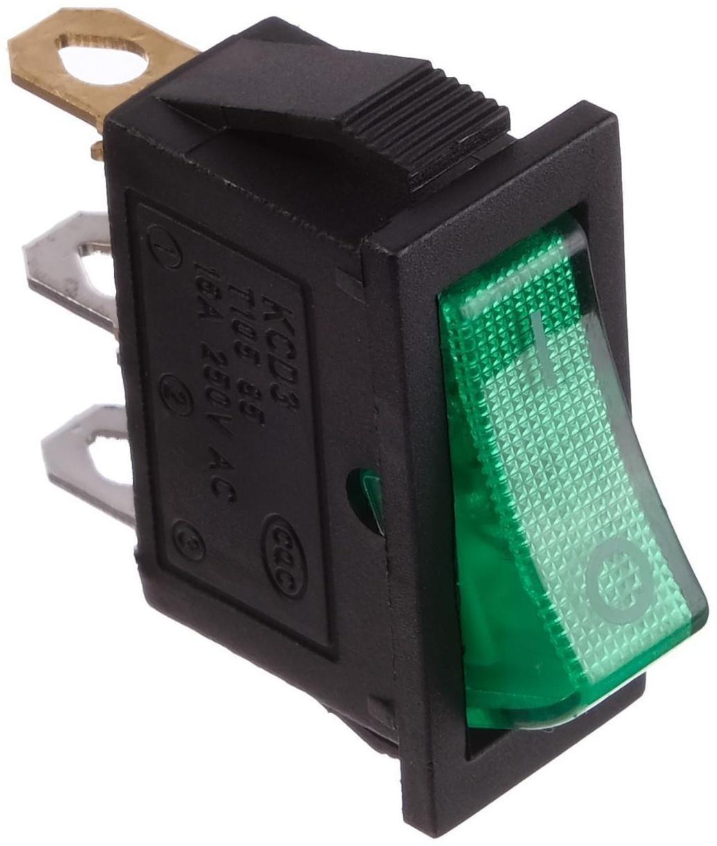 Клавишный выключатель, 250 В, 15 А, ON-OFF, 3с, зеленый, с подсветкой, розничная упаковка.