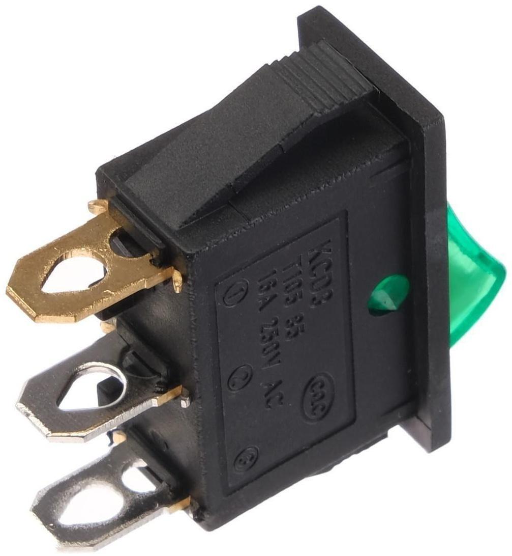 Клавишный выключатель, 250 В, 15 А, ON-OFF, 3с, зеленый, с подсветкой, розничная упаковка.