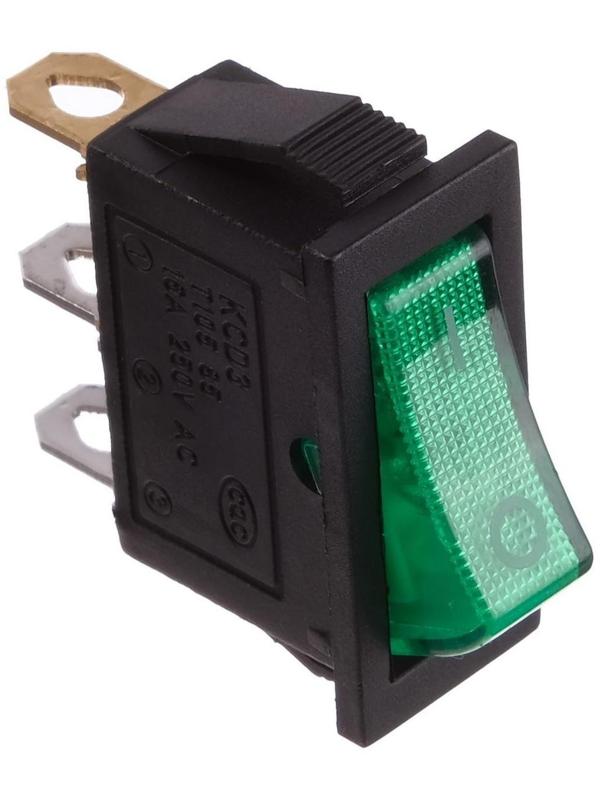 Клавишный выключатель, 250 В, 15 А, ON-OFF, 3с, зеленый, с подсветкой, розничная упаковка.