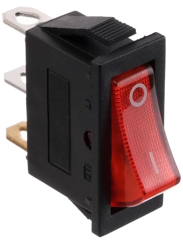 Клавишный выключатель, 250 В, 15 А, ON-OFF, 3с, красный, с подсветкой, розничная упаковка.
