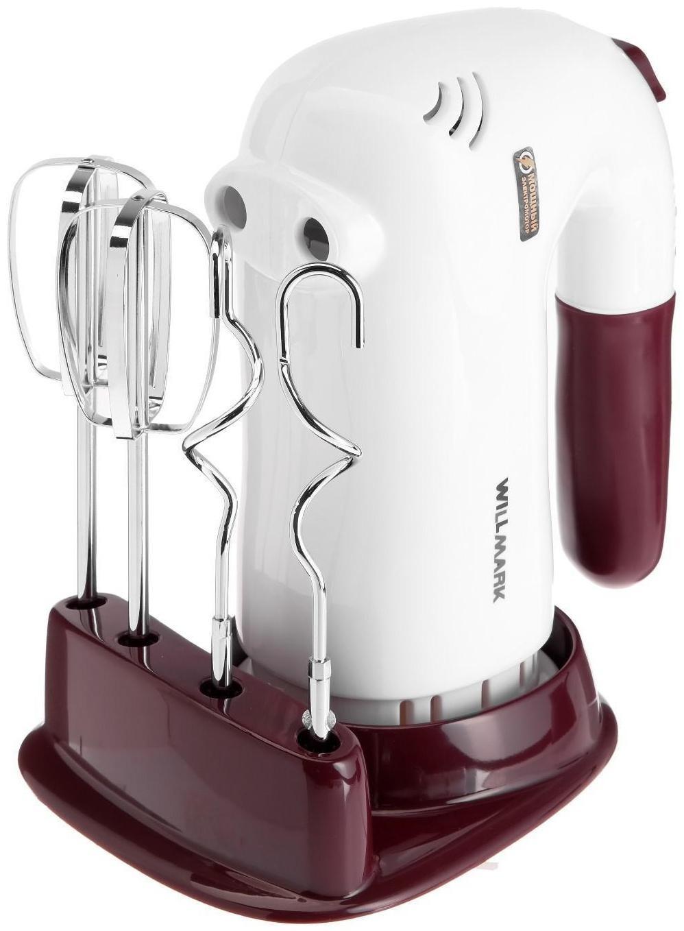 Миксер WILLMARK WHM-6023ST, ручной, 400 Вт, 5 скоростей, 2 насадки, подставка бордо