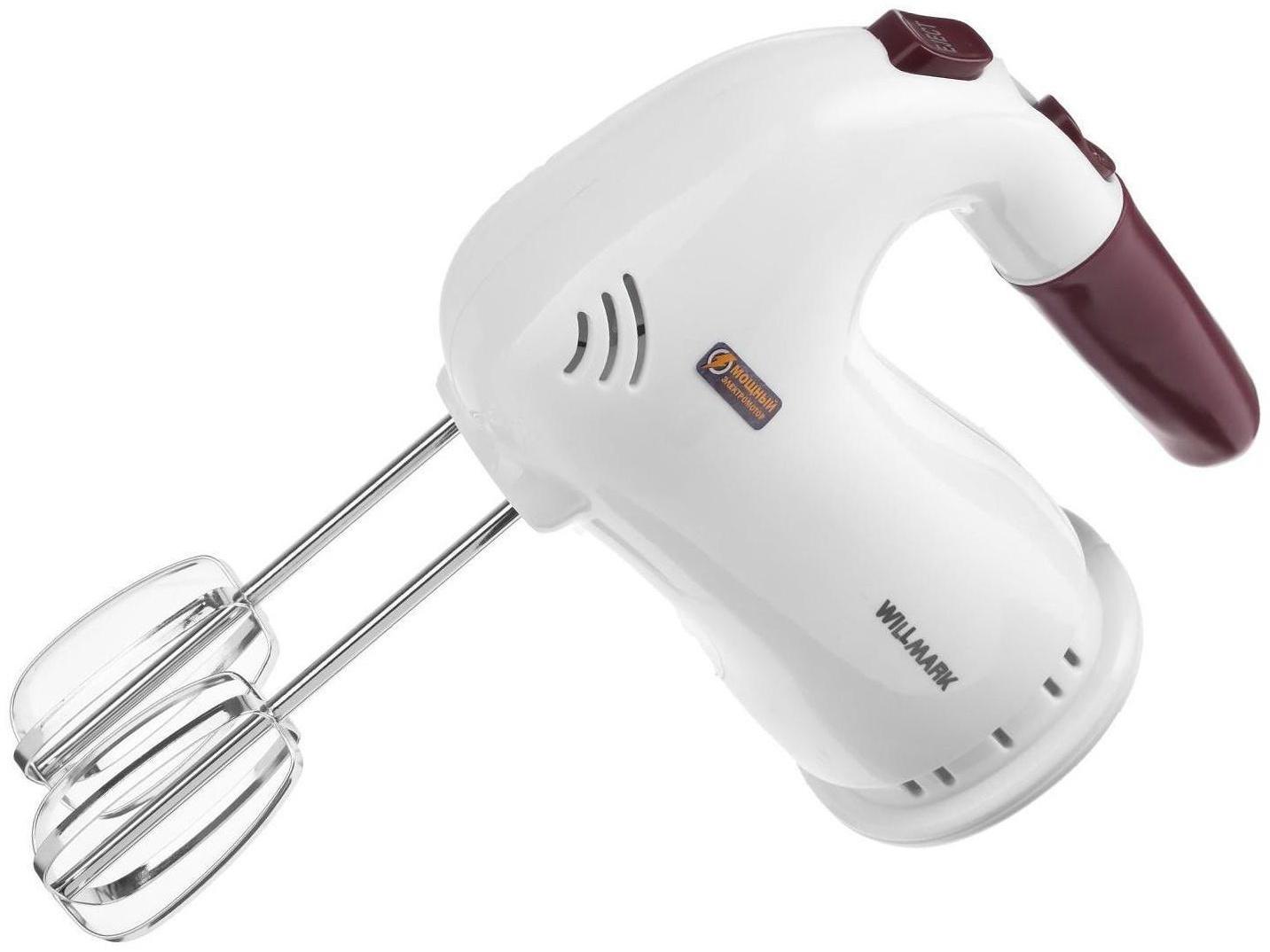 Миксер WILLMARK WHM-6023ST, ручной, 400 Вт, 5 скоростей, 2 насадки, подставка бордо