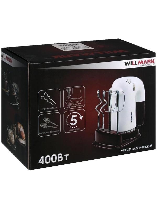 Миксер WILLMARK WHM-6023ST, ручной, 400 Вт, 5 скоростей, 2 насадки, подставка бордо