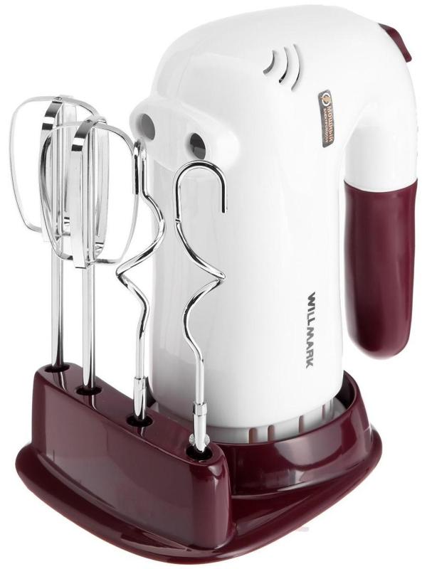 Миксер WILLMARK WHM-6023ST, ручной, 400 Вт, 5 скоростей, 2 насадки, подставка бордо