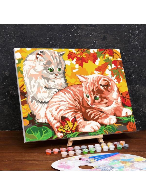 Картина по номерам на холсте с подрамником «Котята в листве» 40×50 см