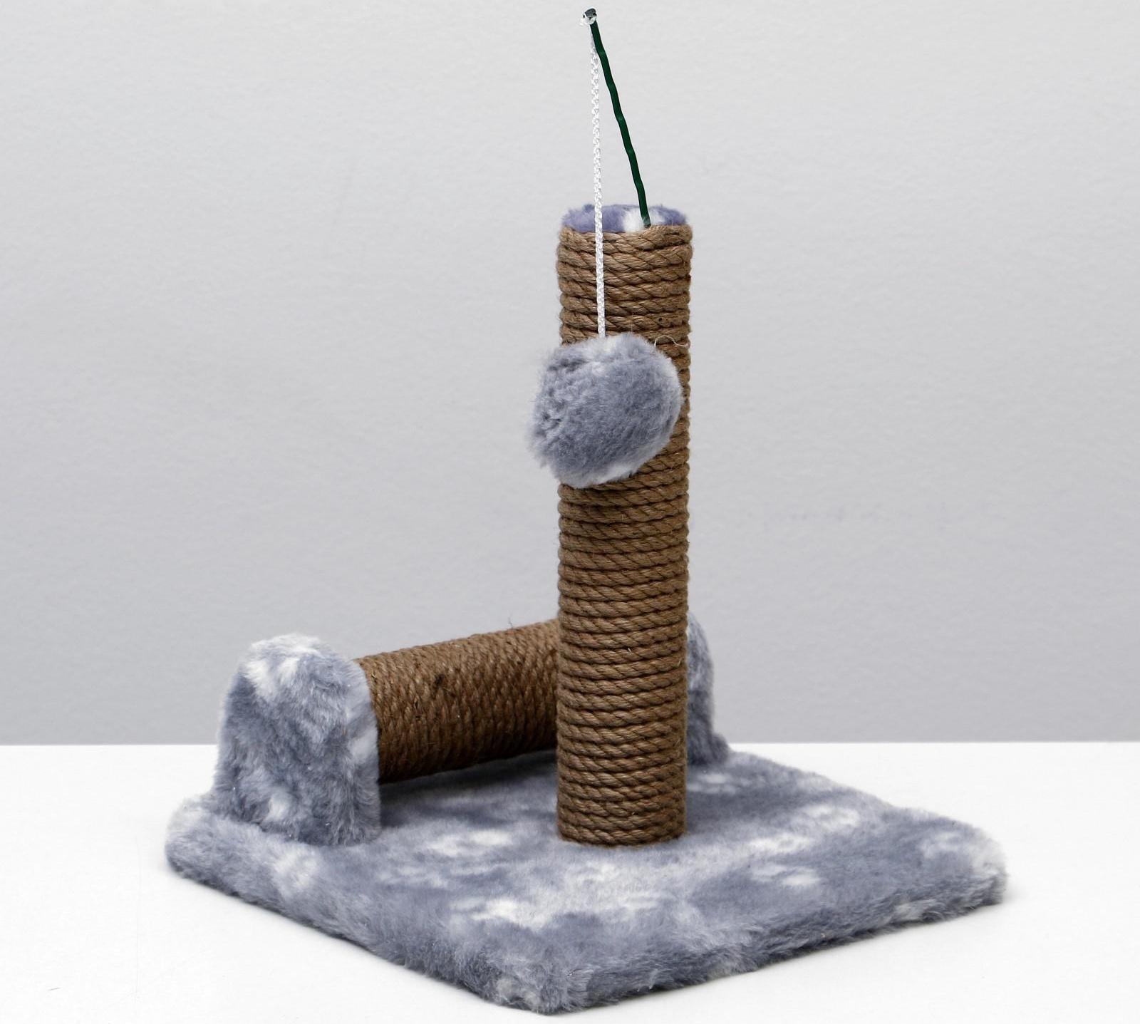 Когтеточка двойная для котят на подставке, джут, 30 х 28 х 32 см, серая с лапками