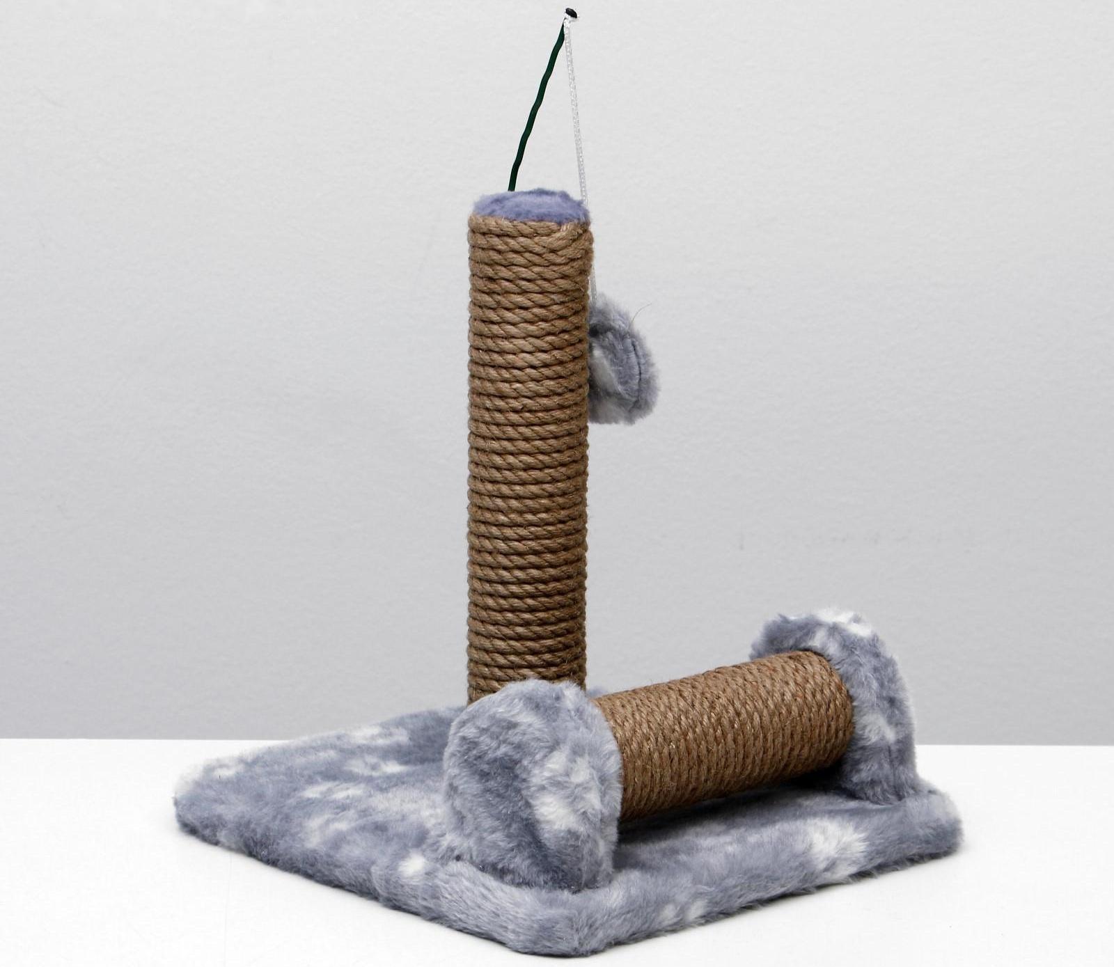 Когтеточка двойная для котят на подставке, джут, 30 х 28 х 32 см, серая с лапками