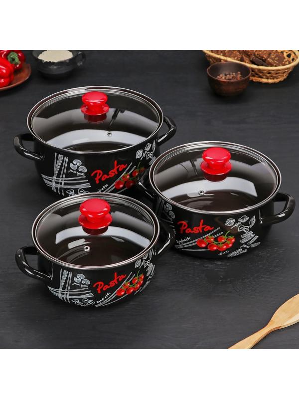Набор кастрюль «Болоньезе», 3 предмета: 2 л, 3 л, 4 л, d=20,5/23/26 см, индукция, цвет чёрный