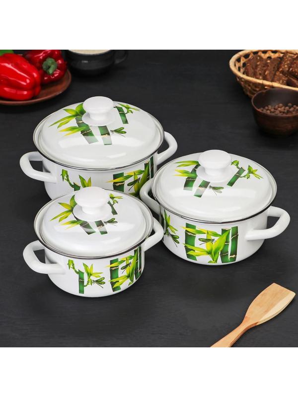 Набор кастрюль «Бамбук», 3 предмета: 1 л, 1,5 л, 2,3 л, цвет белый