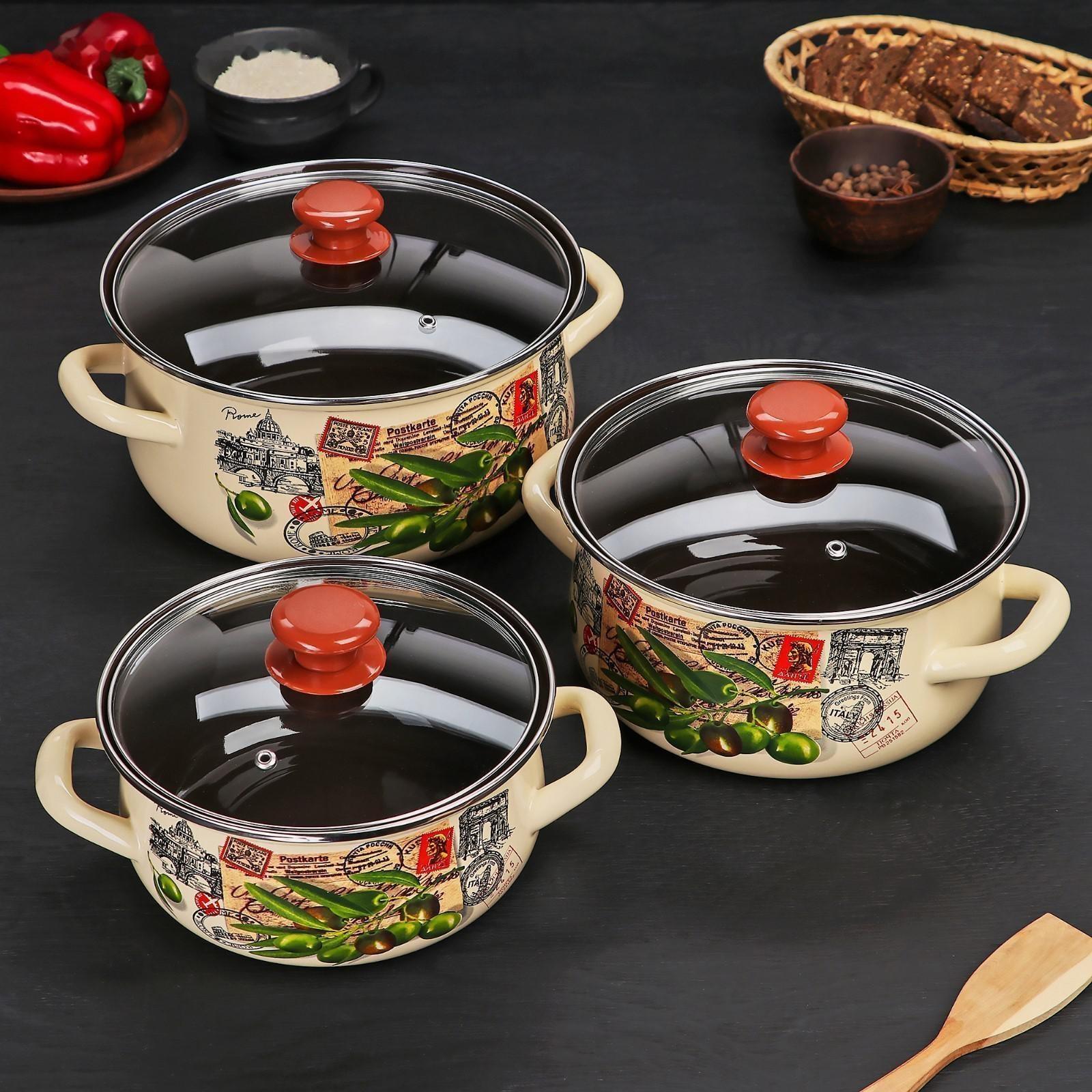 Набор кастрюль «Римские каникулы», 3 предмета: кастрюли 2 л, 3 л, 4 л, крышки, цвет бежевый