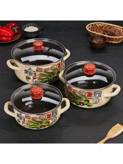 Набор кастрюль «Римские каникулы», 3 предмета: кастрюли 2 л, 3 л, 4 л, крышки, цвет бежевый