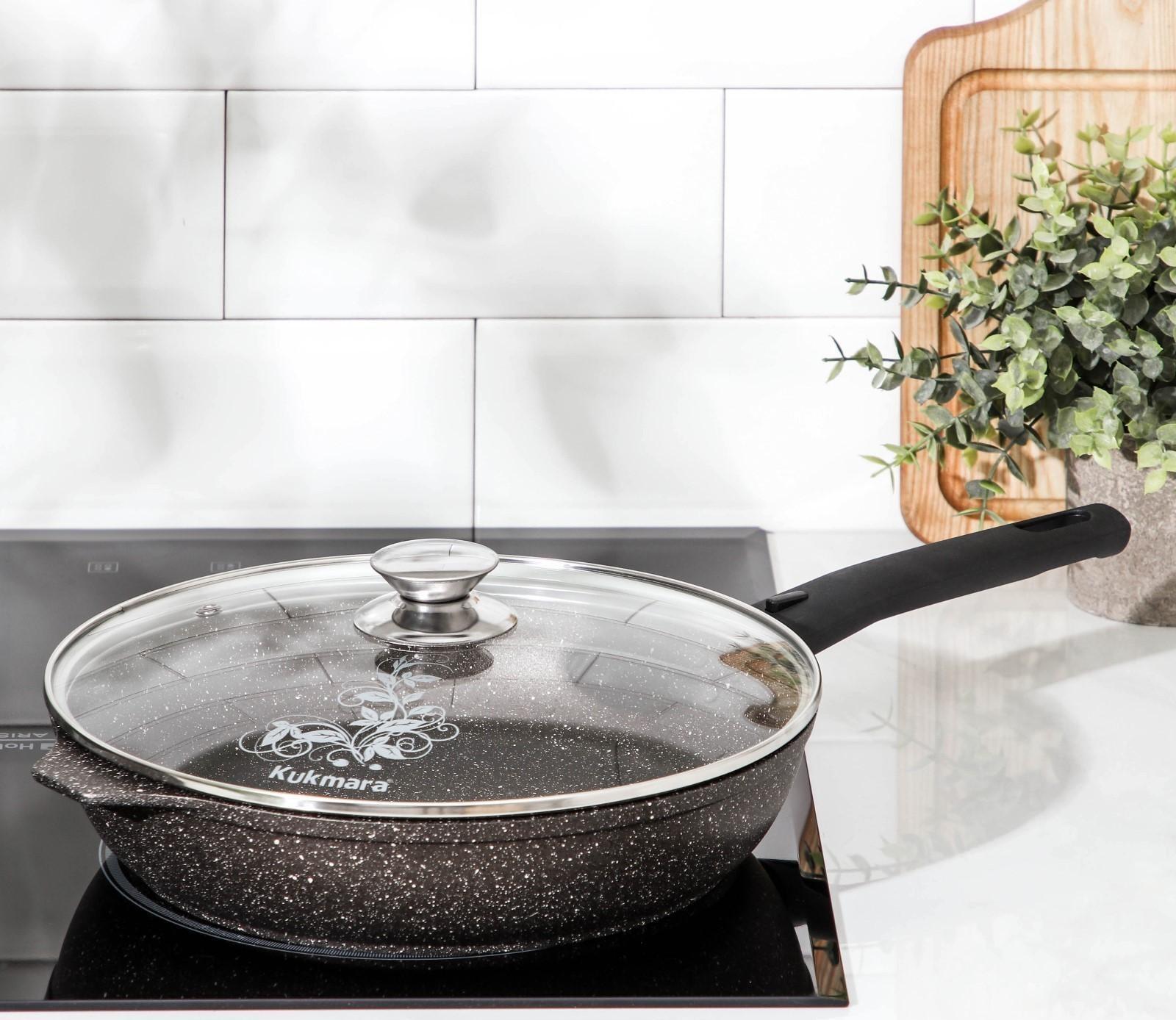 Сковорода, d=26 см, съёмная ручка, стеклянная крышка, антипригарное покрытие, цвет кофейный мрамор