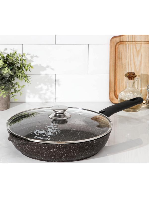 Сковорода, d=26 см, съёмная ручка, стеклянная крышка, антипригарное покрытие, цвет кофейный мрамор